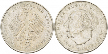 ФРГ 2 МАРКИ 1977 J, ТЕОДОР ХОЙС KM 127, J. 407 медно-никель плакированный никелем 3718-1014