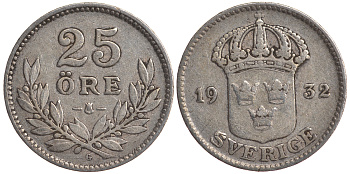 Швеция 25 эре 1932 G, Густав V (1907-1950) KM 785 серебро 4179-845
