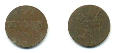 Франкфурт 1 геллер 1821 GB AKS 30, Jaeger 10, KM 301 медь 54-626