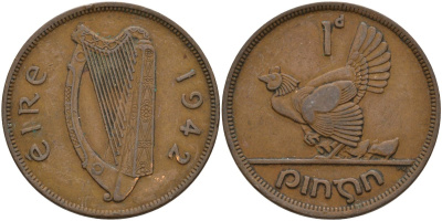 Ирландия 1 пенни 1942 курица с цыплятами KM 11 бронза 4144-1136