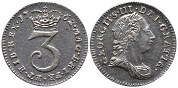 Великобритания 3 пенса 1762 Георг III (1760-1820) KM 591, Spink 3753 серебро 1518-931