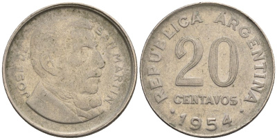 Аргентина 20 сентаво 1954 генерал Хосе де Сан Мартин KM 52, CJ 233, Schon 51a.2 сталь плакированная никелем    60-947