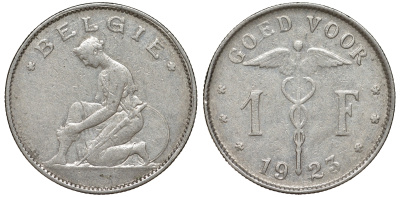 Бельгия 1 франк 1923 Belgie, Альберт I (1909-1934) KM 90 никель 51-1145