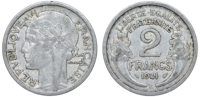 Франция 2 франка 1941 KM 886a алюминий 4165-715
