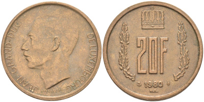 Люксембург 20 франков 1980 герцог Жан (1964-1999) KM 58 алюминиевая бронза 3336-524