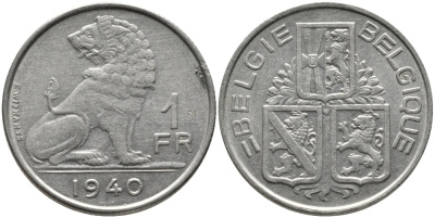 БЕЛЬГИЯ 1 ФРАНК 1940 BELGIE-BELGIQUE KM 120 никель 4385-1053