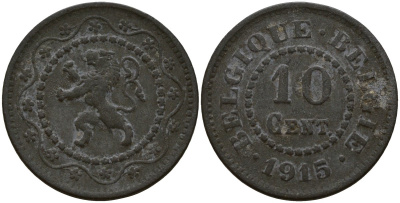 Бельгия 10 сантимов 1915 германская оккупация Первая мировая война, Альберт I (1910-1934) KM 81 цинк 4161-253