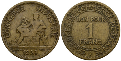 Франция 1 франк 1923 KM 876 алюминиевая бронза 4601-731