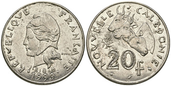 Французская Новая Каледония 20 франков 1999 три быка, (IEOM) KM 12, Schoen 14, Lec 115c никель 81-335