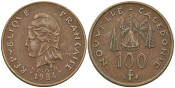 Французская Новая Каледония 100 франков 1984 хижина среди сосен и пальм, (IEOM) KM 15, Schoen 16, Lec 134 никель латунь 4137-736