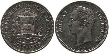 Венесуэла 2 боливара 1989 Combinations : 2 + B, Werdohl Metalworks KM 43a.2 сталь плакированная никелем 4529-211