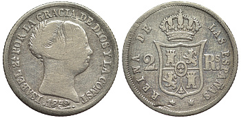 ИСПАНИЯ 2 РЕАЛА 1852 ИЗАБЕЛЛА KM 599.2 серебро 1522-112