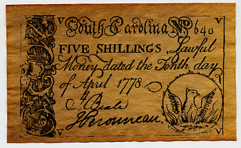 США 5 ШИЛЛИНГОВ 1778 РЕПЛИКА, БРИТАНСКИЕ СЕВЕРО-АМЕРИКАНСКИЕ КОЛОНИИ, ЮЖНАЯ КАРОЛИНА, односторонний бумага 6317-21-3