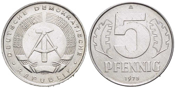 ГДР 5 ПФЕННИГОВ 1975 А KM 9.1 алюминий 217-442
