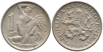 ЧЕХОСЛОВАКИЯ 1 КРОНА 1946 ЖЕНЩИНА СО СНОПОМ И СЕРПОМ KM 19 медно-никель 24-1142