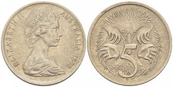 АВСТРАЛИЯ 5 ЦЕНТОВ 1973 ЕЛИЗАВЕТА II, МОЛОДОЙ ПОРТРЕТ, ЕХИДНА KM 64 медно-никель UNC 3851-1126