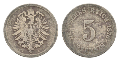 Германия 5 пфеннигов 1876 A, Вильгельм II (1888-1918) KM 3, J. 3 медно-никель 4647-856