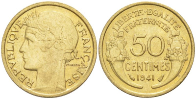 ФРАНЦИЯ 50 САНТИМОВ 1941 ТИП MORLON KM 894.1, LE FRANC 192.18 алюминиевая бронза 44-535
