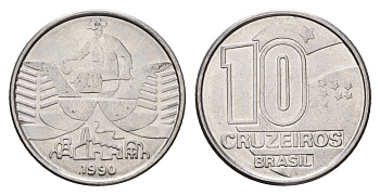 Бразилия 10 крузейро 1990 золотодобыча KM 619 нержавеющая сталь UNC 4686-612
