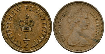 Великобритания 1/2 пенни 1971 Елизавета II (1952-2022) KM 914, Spink 4239 бронза 4136-1138