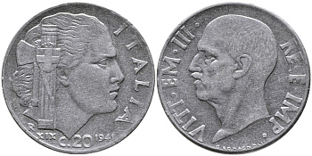 ИТАЛИЯ 20 ЧЕНТЕЗИМО 1941 ГОД XIX, ВИКТОР ИМАНУИЛ III, МАГНИТНАЯ, РУБЧАТЫЙ ГУРТ KM 75b нержавеющая сталь 28-844