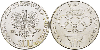 Польша 200 злотых 1976 MW, XXI олимпийские игры 1976 года в Монреале, кольца KM 86, Parchimowicz 306а серебро UNC 1085-1-45