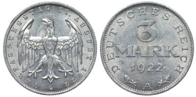 Германия 3 марки 1922 A, третья годовщина Веймарской Конституции KM 29, J. 303 алюминий 4123-136