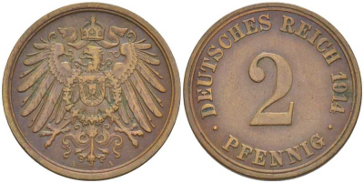 ГЕРМАНИЯ 2 ПФЕННИГА 1914 A KM 16, J. 11, Weege 4 медь 206-648