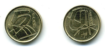 ИСПАНИЯ 5 ПЕСЕТ 1998 ХУАН КАРЛОС I (1975-) KM 833 алюминиевая бронза 59-1743