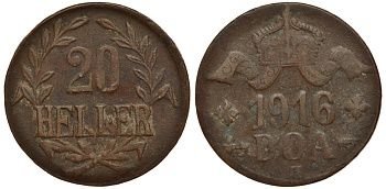 Немецкая Восточная Африка (Танзания) 20 геллеров 1916 T, Ost-Africa, большая корона, первая буква L не полная Jaeger 724 a, KM 15, WK 24 b медь 5010-535