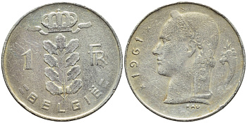 БЕЛЬГИЯ 1 ФРАНК 1961 BELGIE KM 143.1 медно-никель 4388-615