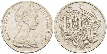 Австралия 10 центов 1976 Елизавета II (1952-), птица лирахвост KM 65 медно-никель UNC 3457-646