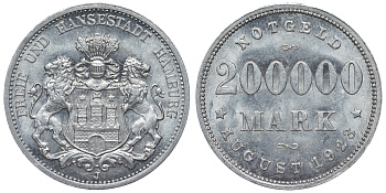 Гамбург 200000 марок 1923 Funck 636.1, Men18 13079.17 алюминий  aUNC 4119-532