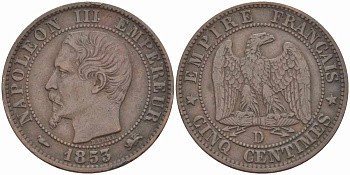 ФРАНЦИЯ 5 САНТИМОВ 1853 D, НАПОЛЕОН III (1852-1870) KM 777.4, LE FRANC 116.4 бронза 108-243