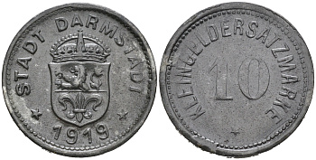 ГЕРМАНИЯ ГЕССЕН ДАРМШТАДТ 10 ПФЕННИГОВ 1919 КЛЯЙНГЕЛЬД цинк 75-1611