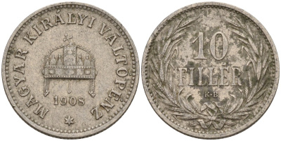 Венгрия 10 филлеров 1908 KB, Франц Иосиф I (1848-1916) KM 482 никель 4151-1111