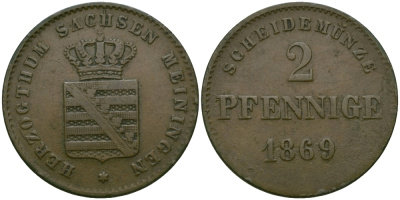 Саксен-Мейнинген 2 пфеннига 1869 Георг II (1866-1914) KM 174, Jaeger 448, AKS 215 медь 99-668
