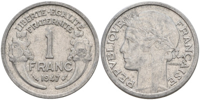Франция 1 франк 1947 KM 885a.1 алюминий 4142-954