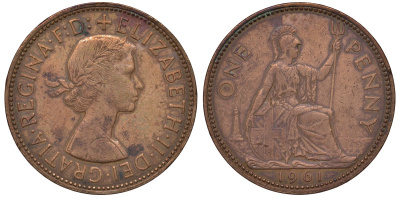 Великобритания 1 пенни 1961 Елизавета II (1952-2022) KM 897, Spink 4157 бронза 4131-445