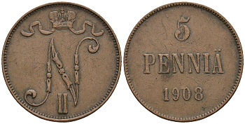 Россия для Финляндии 5 пенни 1908 Николай II (1894-1917) KM 15, Биткин 449 медь 259-1145