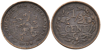 Нидерланды 1/2 цента 1928 Вильгельмина (1890-1948) KM 138 бронза 4576-459