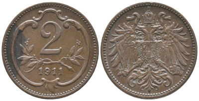 АВСТРИЯ 2 ГЕЛЛЕРА 1911 ФРАНЦ ИОСИФ (1846-1918) KM 2801 бронза 100-945