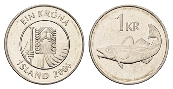 Исландия 1 крона 2006 треска KM 27a сталь плакированная никелем UNC 4691-612