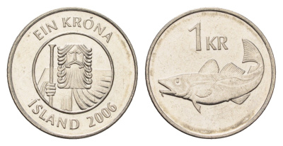 Исландия 1 крона 2006 треска KM 27a сталь плакированная никелем UNC 4691-612