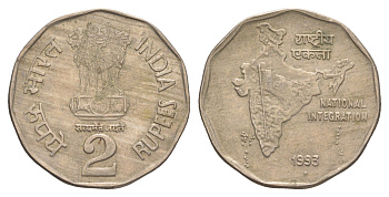 Индия 2 рупии 1993 монетный двор звезда KM 121.3 медно-никель 4650-1123