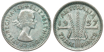 Австралия 3 пенса 1957 m, Елизавета II (1953-) KM 57 серебро 71-527