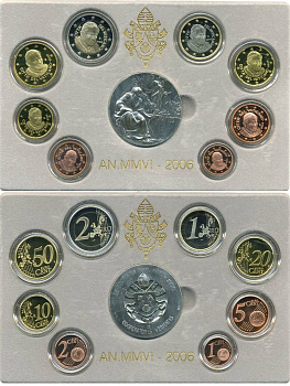 Ватикан евронабор из 8 монет + серебряная медаль 2006 Бенедикт XVI, в оригинальной коробке, с сертификатом KM PS 19 биметалл PROOF 5-4-6-06
