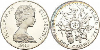 Остров Мэн 1 крона 1980 Зимние Олимпийские игры 1980 года в Лейк-Плэсиде, виды спорта KM 64a серебро PROOF 02-036-42