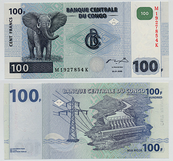 Конго 100 франков 2000 ГЭС, слон Pick 92 бумага UNC (пресс) 6279-9-1-1