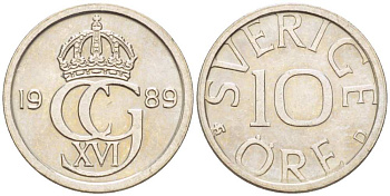 Швеция 10 эре 1989 D, Карл XVI Густав (1973- ) KM 850 медно-никель 4516-453